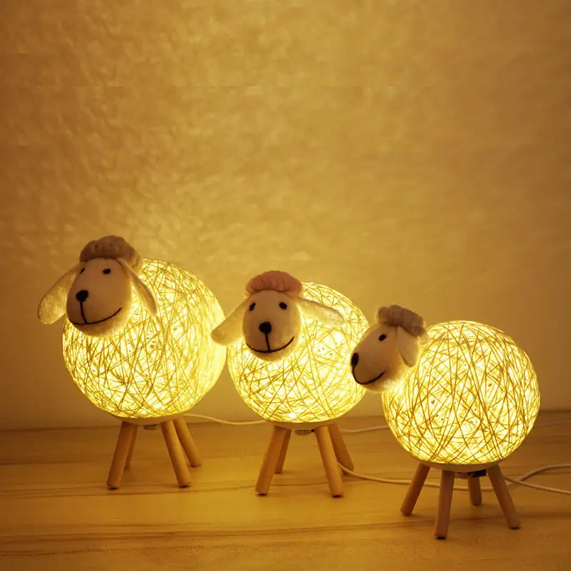Sheep Night Light with Woven Shade and Wooden Base for a Warm Atmosphere