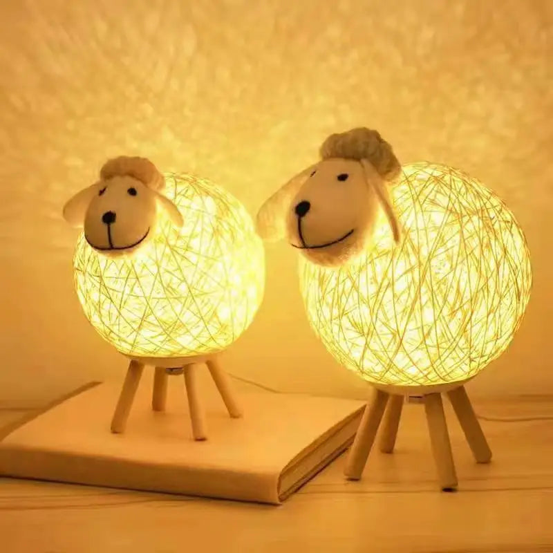 Sheep Night Light with Woven Shade and Wooden Base for a Warm Atmosphere