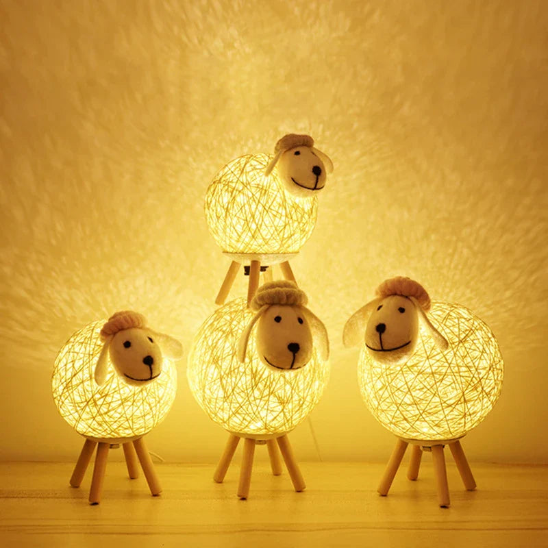 Sheep Night Light with Woven Shade and Wooden Base for a Warm Atmosphere