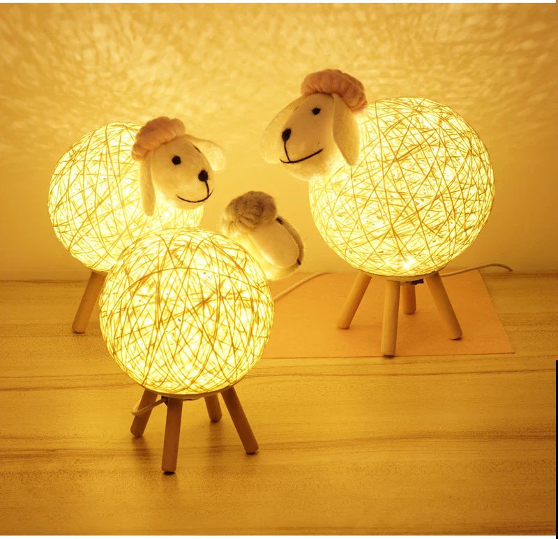 Sheep Night Light with Woven Shade and Wooden Base for a Warm Atmosphere