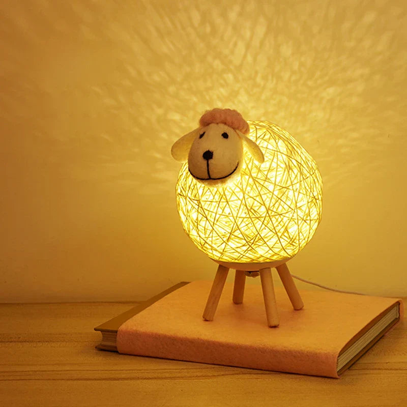 Sheep Night Light with Woven Shade and Wooden Base for a Warm Atmosphere