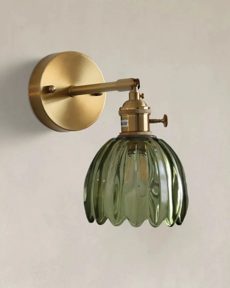 Flower-Inspired Glass Wall Sconce with Brass-Tone Fixture & Scalloped Shade