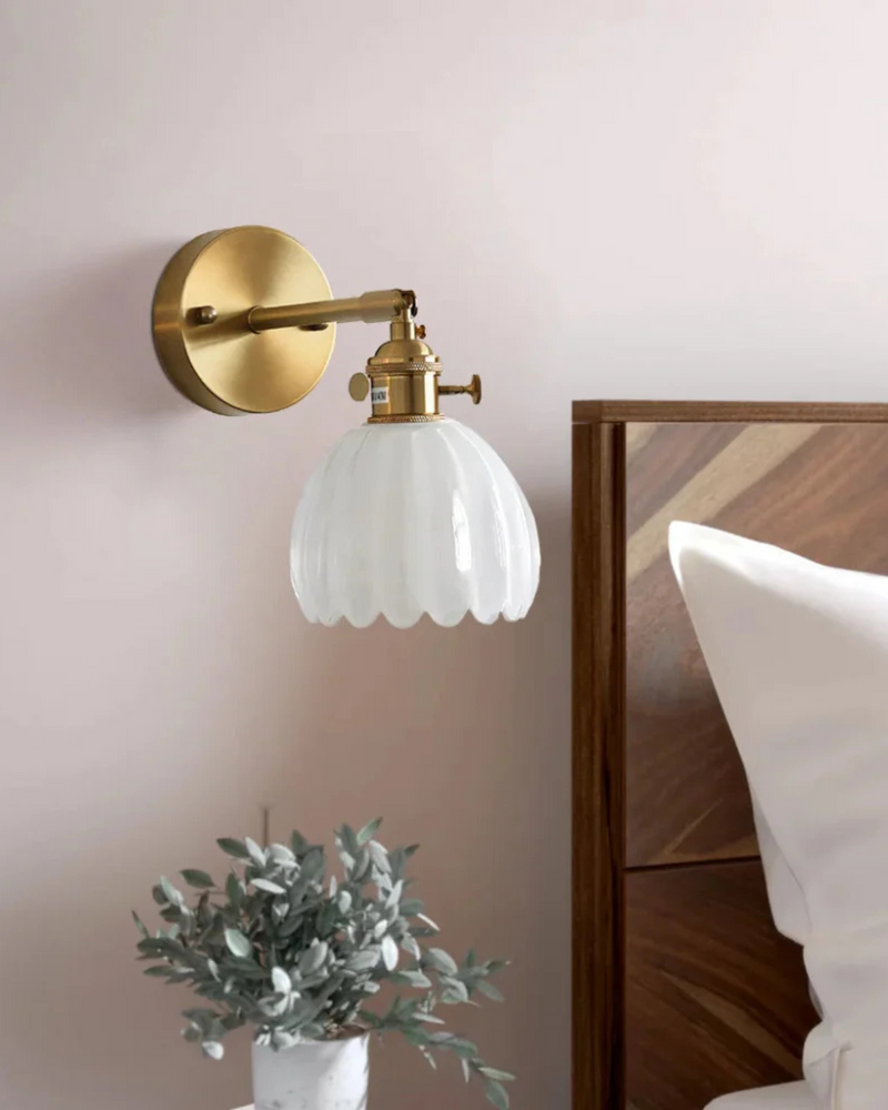 Flower-Inspired Glass Wall Sconce with Brass-Tone Fixture & Scalloped Shade