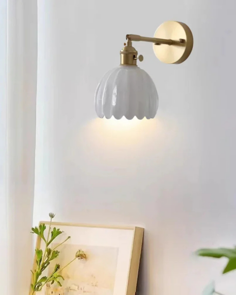 Flower-Inspired Glass Wall Sconce with Brass-Tone Fixture & Scalloped Shade