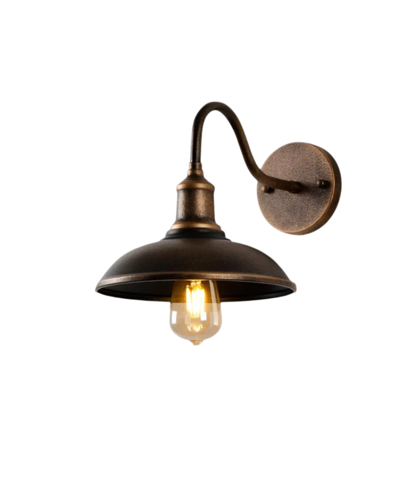 Vintage Metal Wall Sconce with Curved Arm & Wide Dome Shade