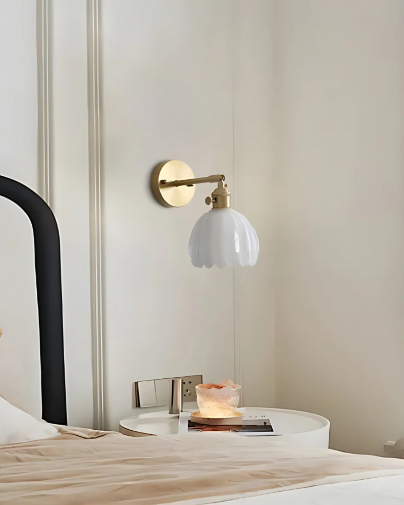 Flower-Inspired Glass Wall Sconce with Brass-Tone Fixture & Scalloped Shade