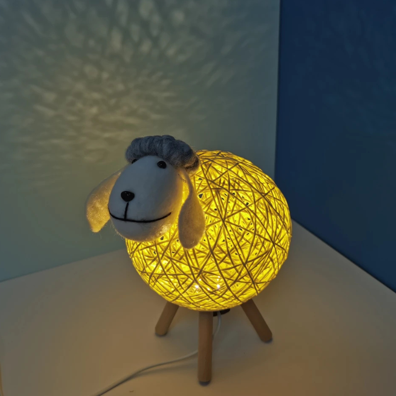 Sheep Night Light with Woven Shade and Wooden Base for a Warm Atmosphere