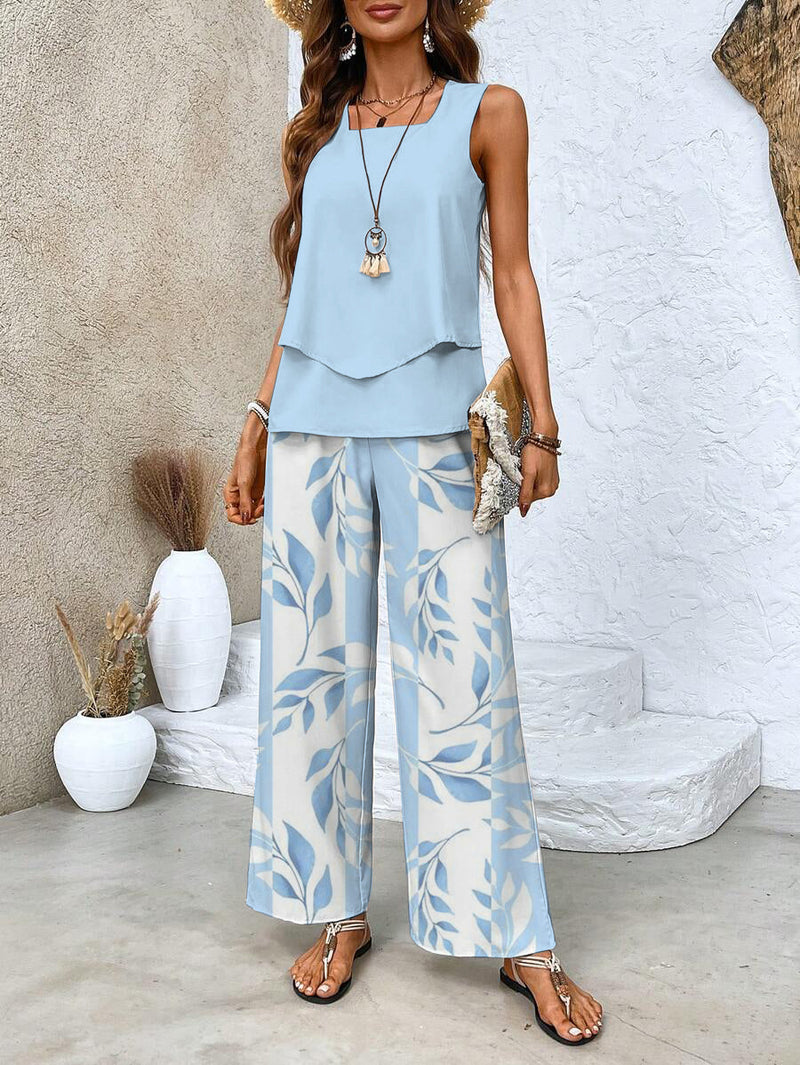Ladies Two-Piece Set with Leaf Print and Wide Trousers for Summer Style