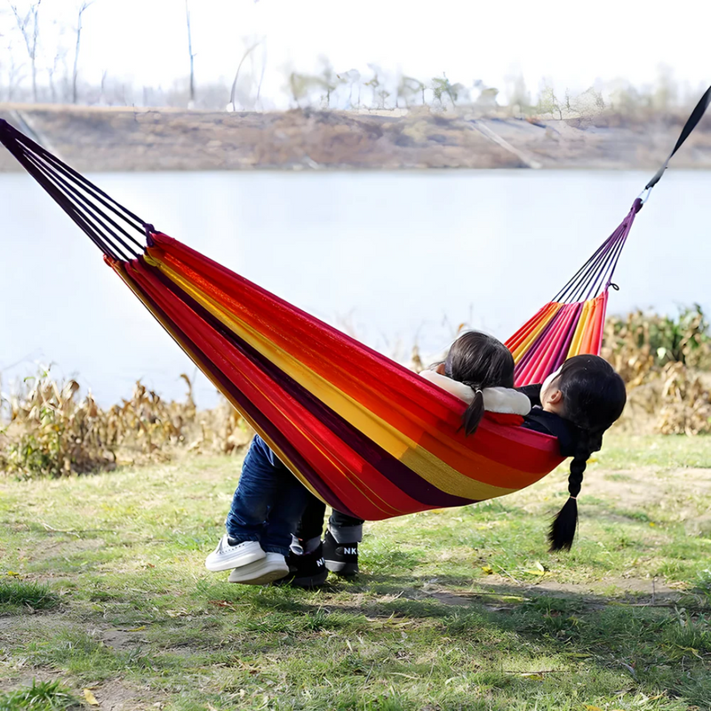 Striped Fabric Hammock with Rope Loops for Indoor and Outdoor Use