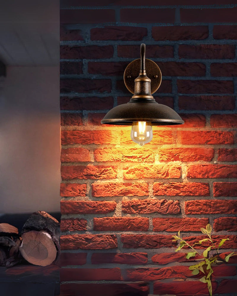 Vintage Metal Wall Sconce with Curved Arm & Wide Dome Shade