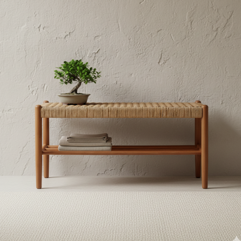 Japanese Cherry Wood Bench with Woven Cowhide Rope Seat