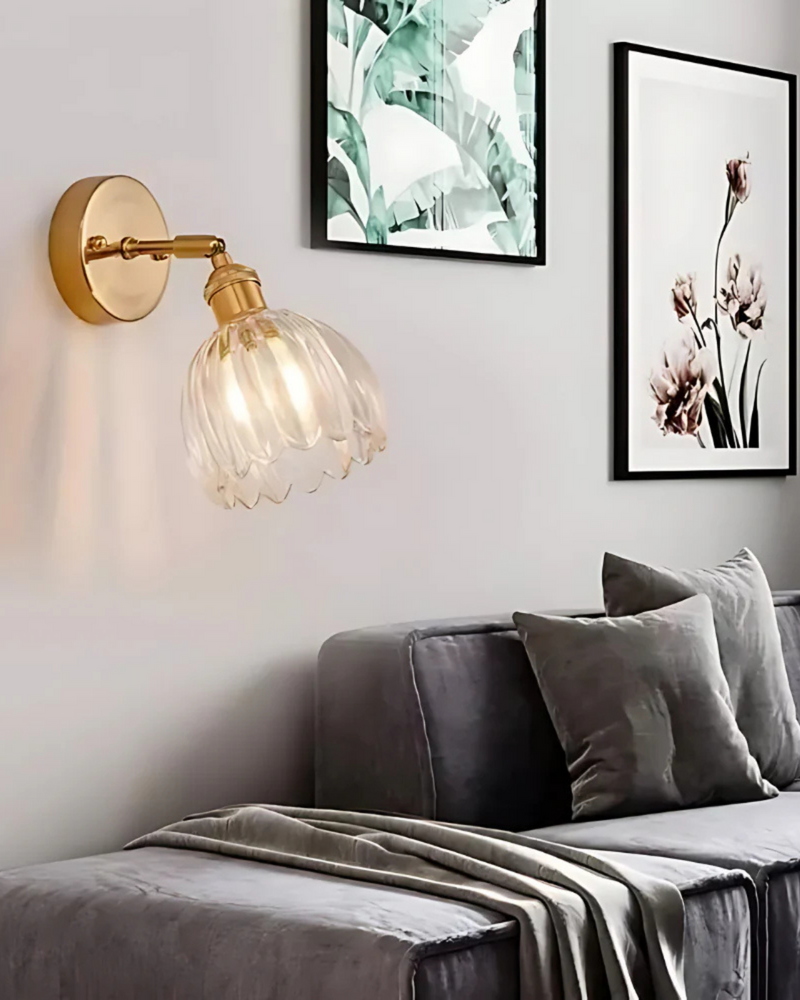 Flower-Inspired Glass Wall Sconce with Brass-Tone Fixture & Scalloped Shade