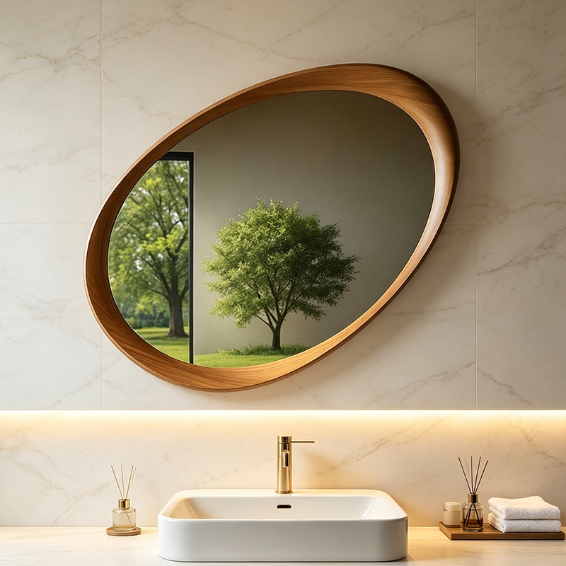 Oval Rubberwood Wall Mirror with Tempered Glass