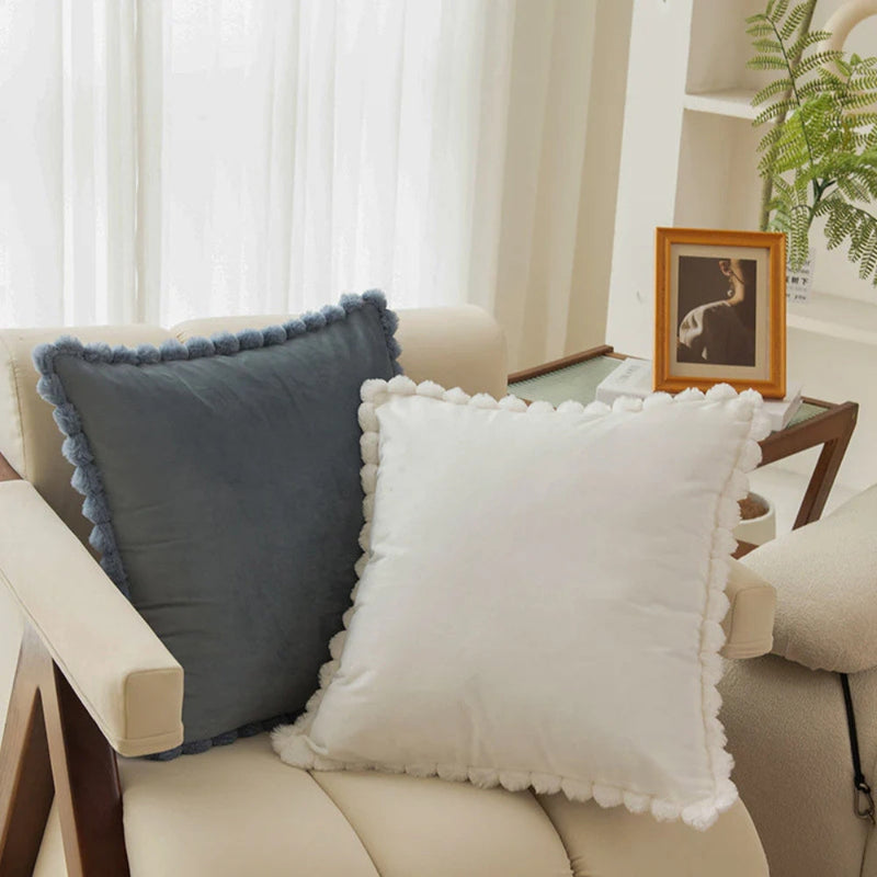 Velvet Pom-Pom Trim Cushion Cover for Sofas, Beds and Armchairs