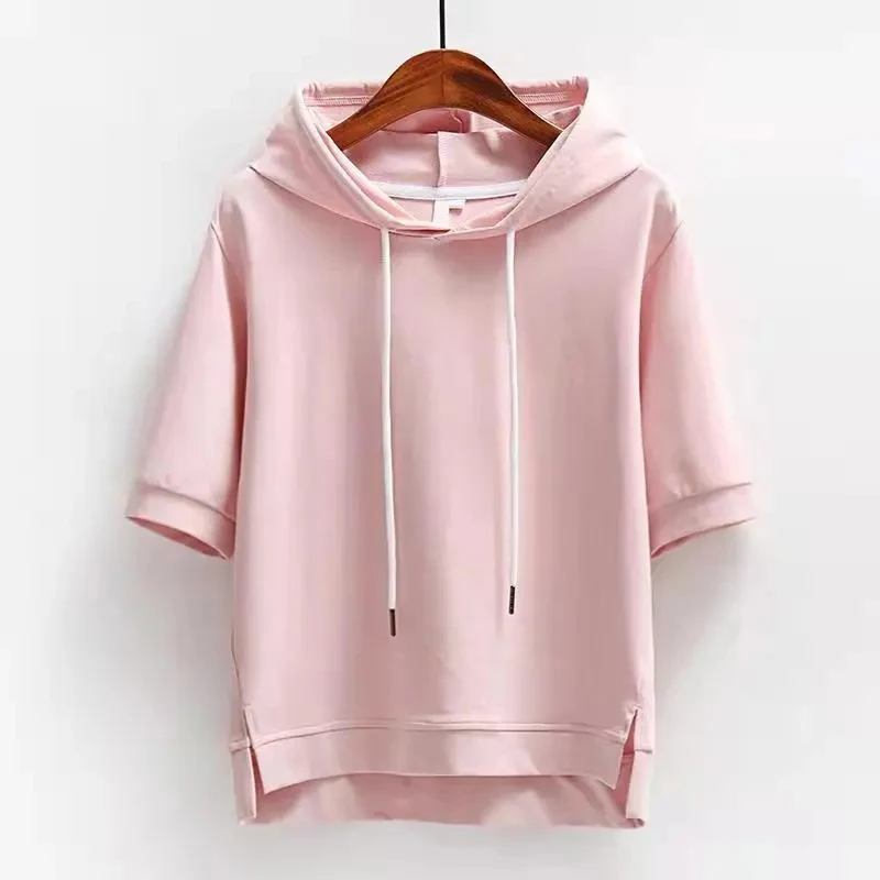 Ladies' short-sleeve hoodie made from breathable cotton blend with a boxy fit
