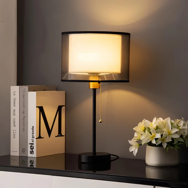 Vintage Table Lamp with Double Fabric Shade for Warm Ambient Light LED