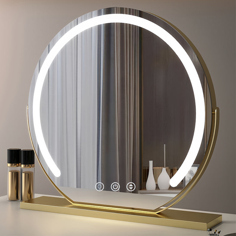 Round LED Dressing Table Mirror with Touch Controls and Rotating Frame