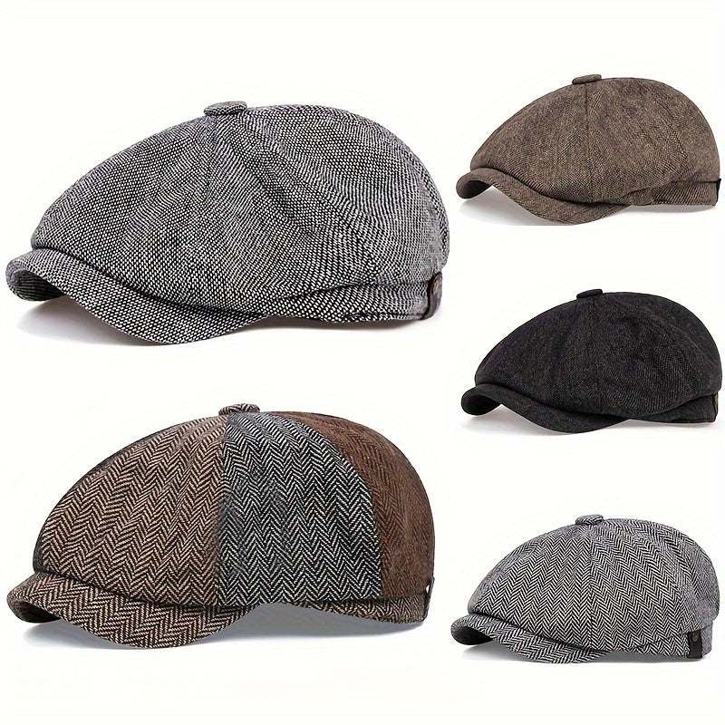 Men's Retro Flat Cap with Herringbone Pattern – Vintage Look Accessory