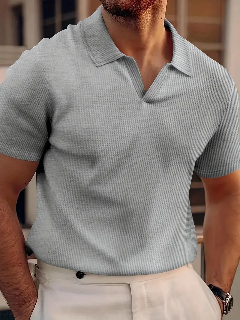 Ribbed Men's Polo Shirt with V-Neck and Short Sleeves