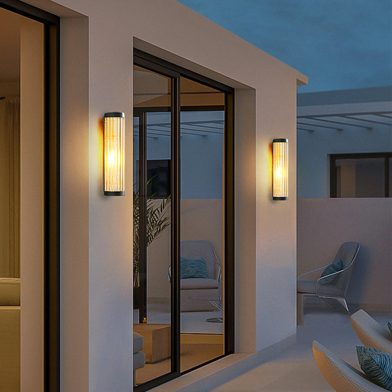 Semi-Cylinder Outdoor Wall Light with Ribbed Glass Shade