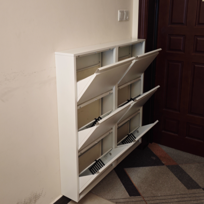 Slim Steel Shoe Cabinet with Flip-Drawer Storage