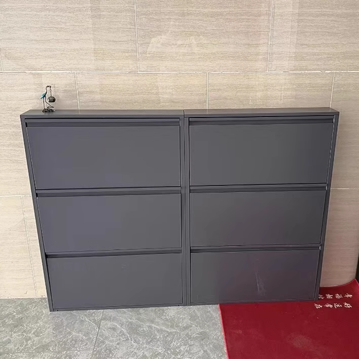 Slim Steel Shoe Cabinet with Flip-Drawer Storage