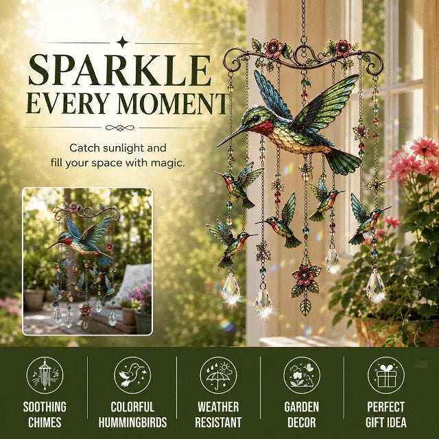 Decorative Hummingbird Wind Chime with Crystal Drops & Floral Details