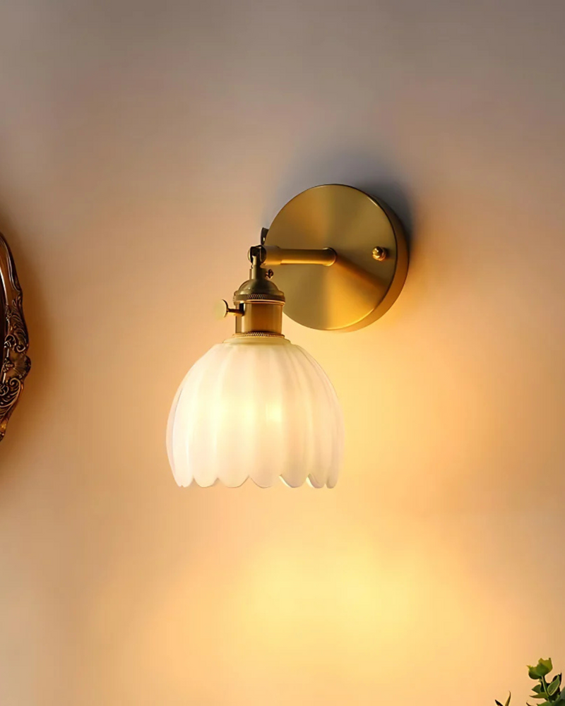 Flower-Inspired Glass Wall Sconce with Brass-Tone Fixture & Scalloped Shade