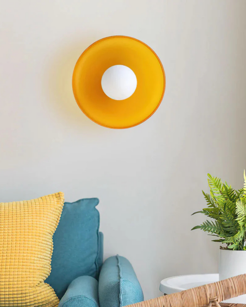 Sculptural Glass Wall Sconce with Central Globe Light & Circular Shade