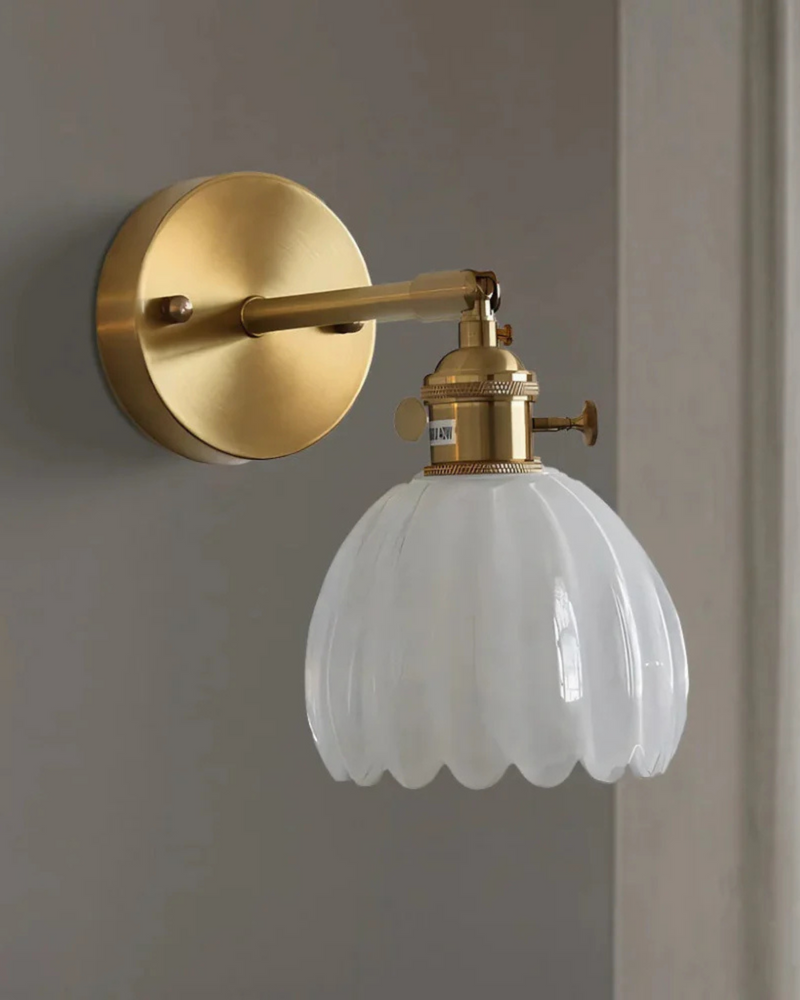 Flower-Inspired Glass Wall Sconce with Brass-Tone Fixture & Scalloped Shade