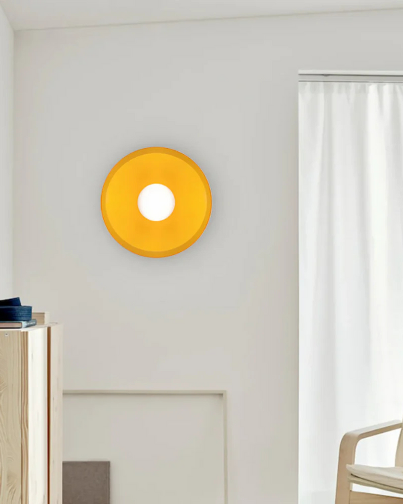 Sculptural Glass Wall Sconce with Central Globe Light & Circular Shade