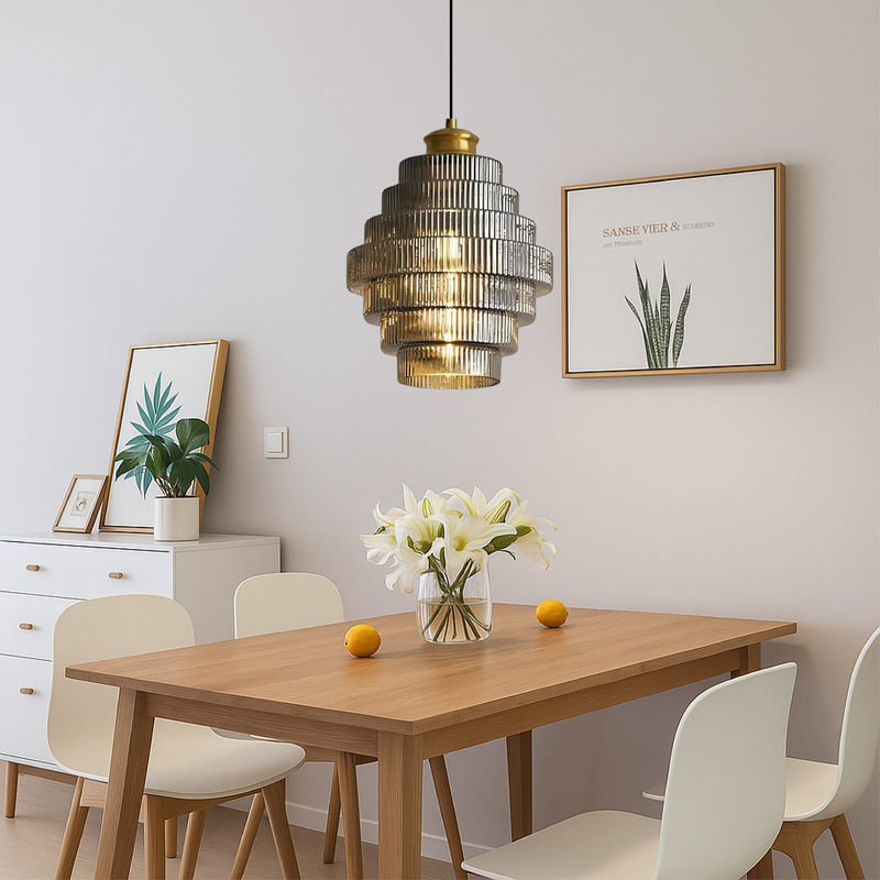 Tiered Ribbed Glass Pendant Light with Adjustable Suspension