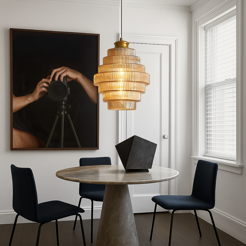 Tiered Ribbed Glass Pendant Light with Adjustable Suspension