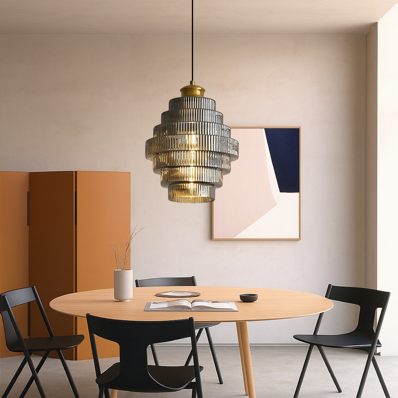 Tiered Ribbed Glass Pendant Light with Adjustable Suspension