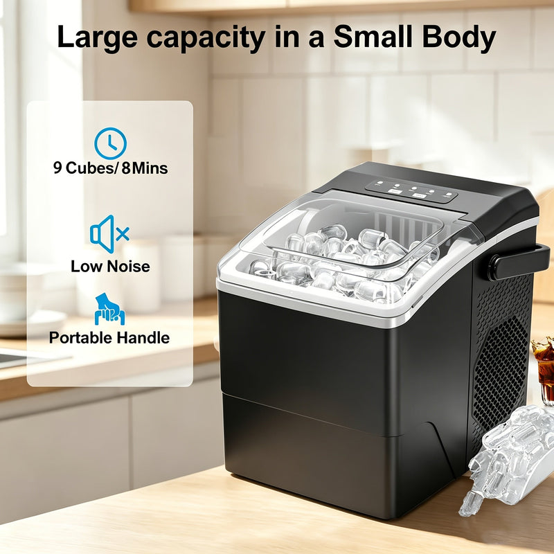 Compact Ice Cube Maker with Two Ice Cube Sizes and Quick Production