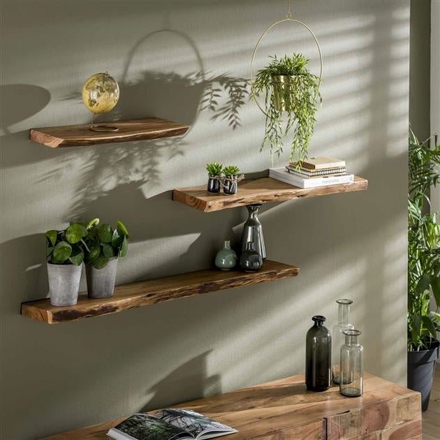 Étagère Murale – Bois d'Acacia avec Finition en Tronc d'Arbre, Design Industriel pour Salon ou Chambre
