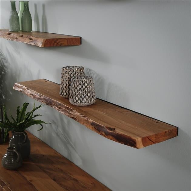 Étagère Murale – Bois d'Acacia avec Finition en Tronc d'Arbre, Design Industriel pour Salon ou Chambre