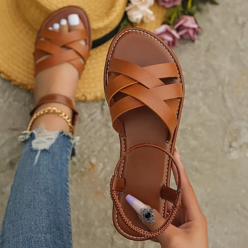 Elegant Ladies' Sandals with Crossed Straps and Comfortable Flat Sole