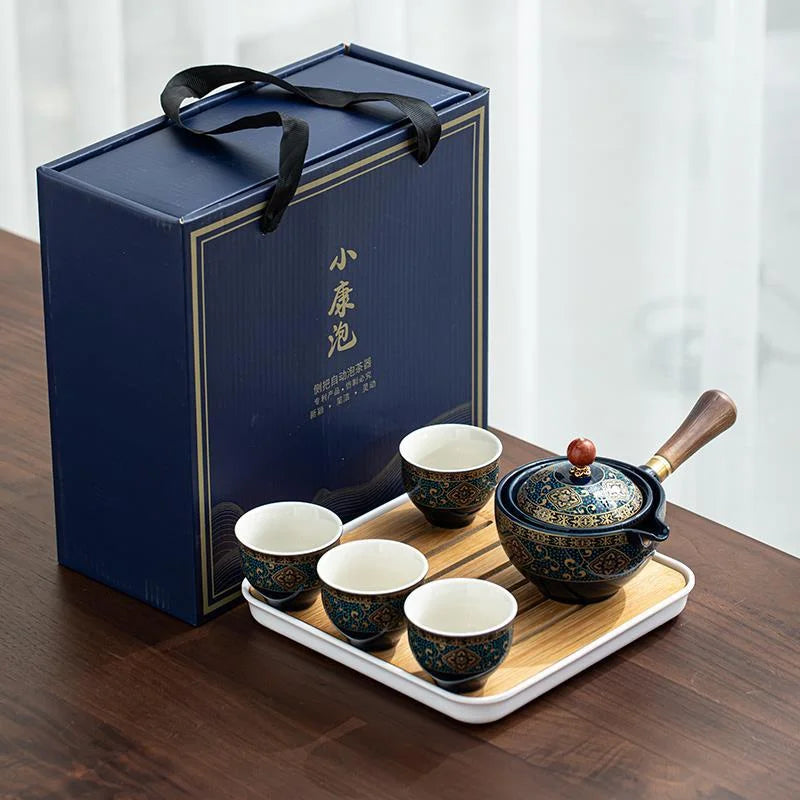 Porcelain Gongfu Tea Set with Wooden Side Handle & Fitted Lid