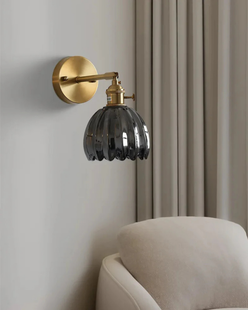 Flower-Inspired Glass Wall Sconce with Brass-Tone Fixture & Scalloped Shade