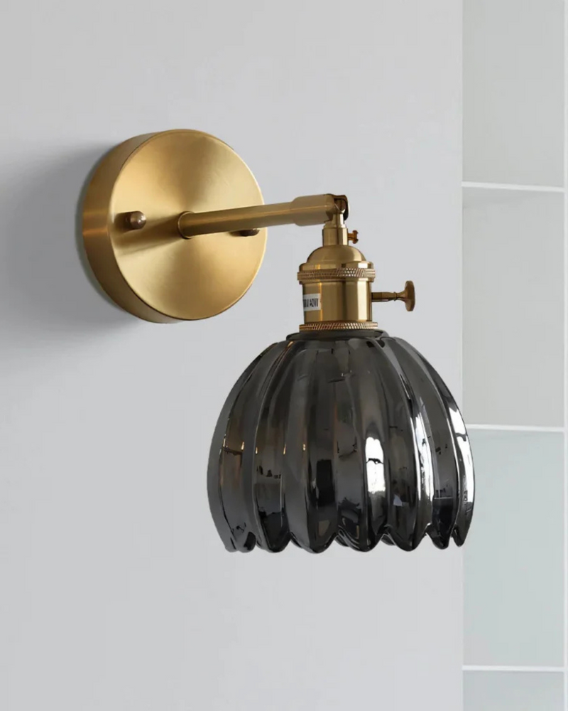 Flower-Inspired Glass Wall Sconce with Brass-Tone Fixture & Scalloped Shade