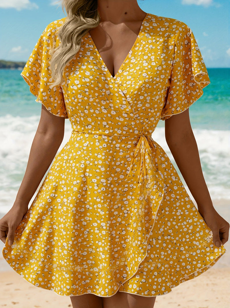 Lightweight Ladies' Summer Dress with Floral Print and Elegant Wrap Design