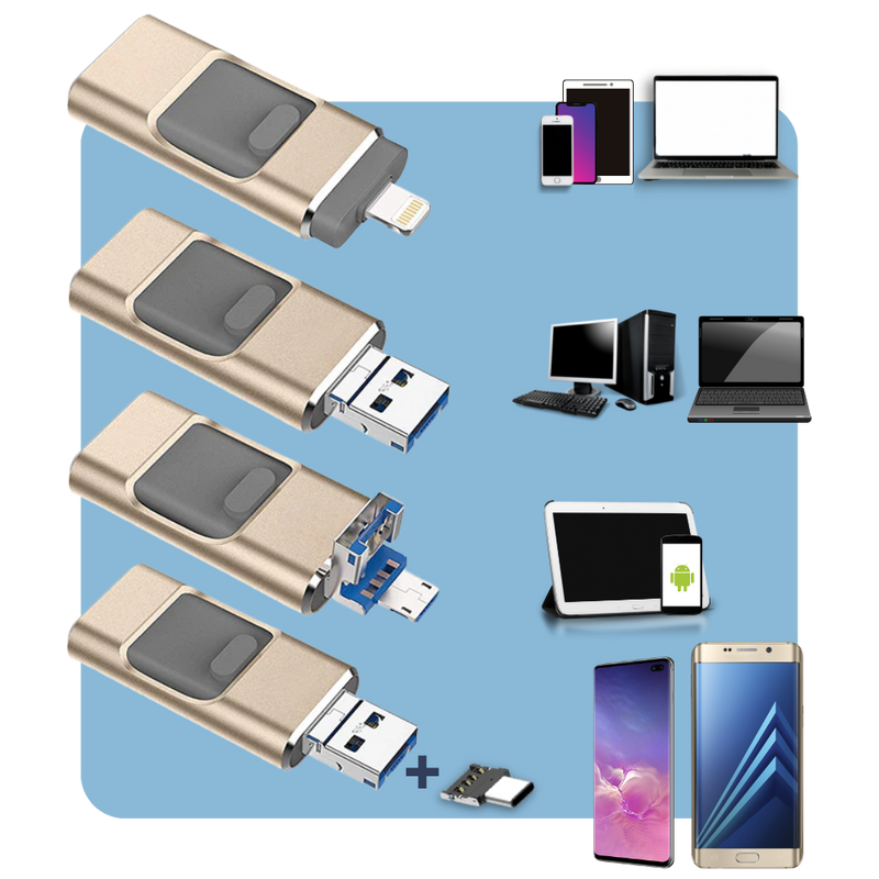 USB Flash Drive with Lightning, USB-C and Micro USB Connectors