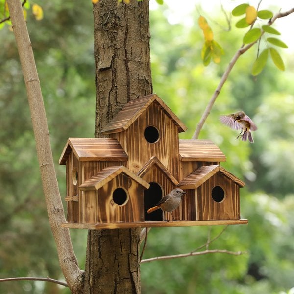 Rustic Wooden Hanging Birdhouse with Six Entrance Holes