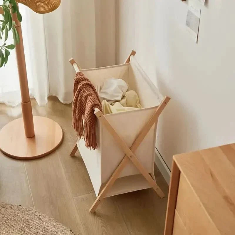 Foldable Wooden Laundry Basket with Fabric Bag for Stylish Laundry Storage