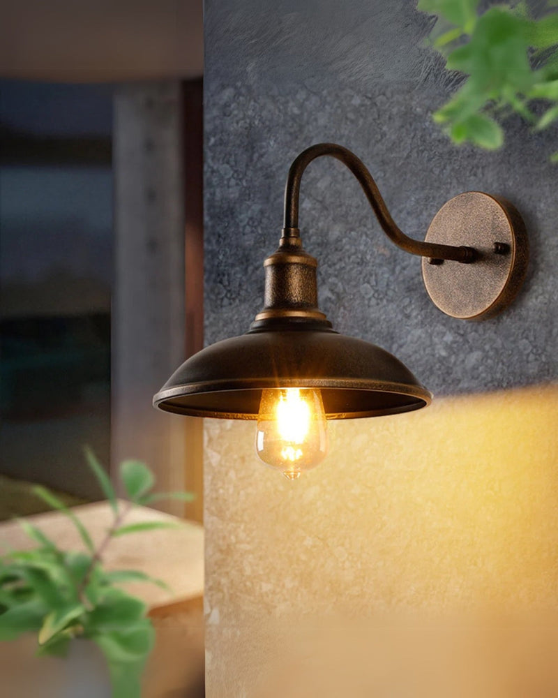 Vintage Metal Wall Sconce with Curved Arm & Wide Dome Shade