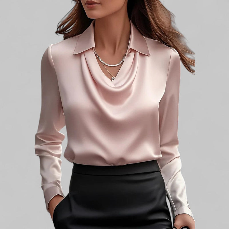 Ladies Satin Blouse with Waterfall Neckline and Long Sleeves