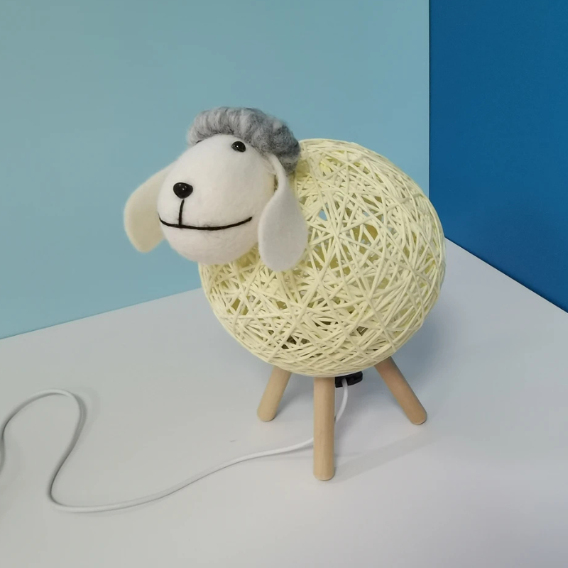 Sheep Night Light with Woven Shade and Wooden Base for a Warm Atmosphere