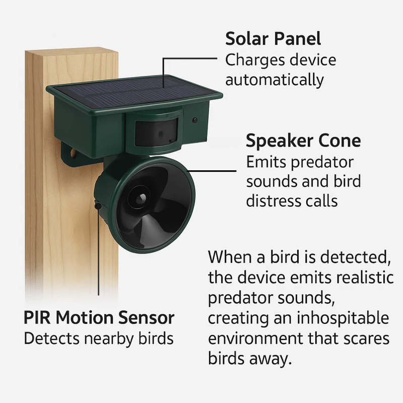 Outdoor Motion Sensor Bird Repeller with Adjustable Sound Modes