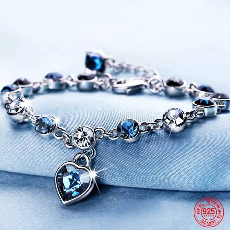 Bracelet in Silver with Heart Charm and Cubic Zirconia Links